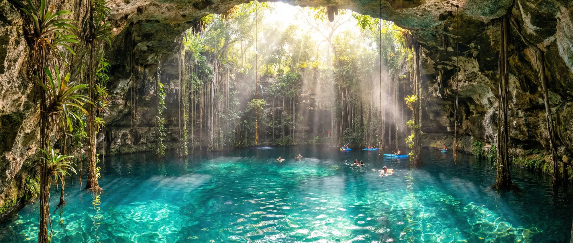Inside a cenote near Tulum with turquoise water and light beams